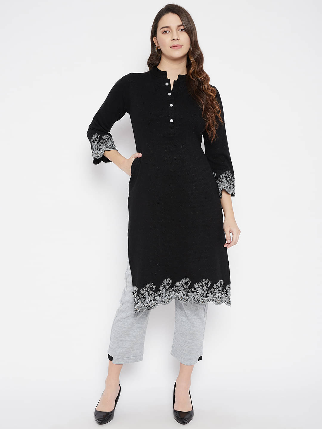     			zigo Woollen Embroidered Kurti With Palazzo Women's Stitched Salwar Suit - Black ( Pack of 1 )