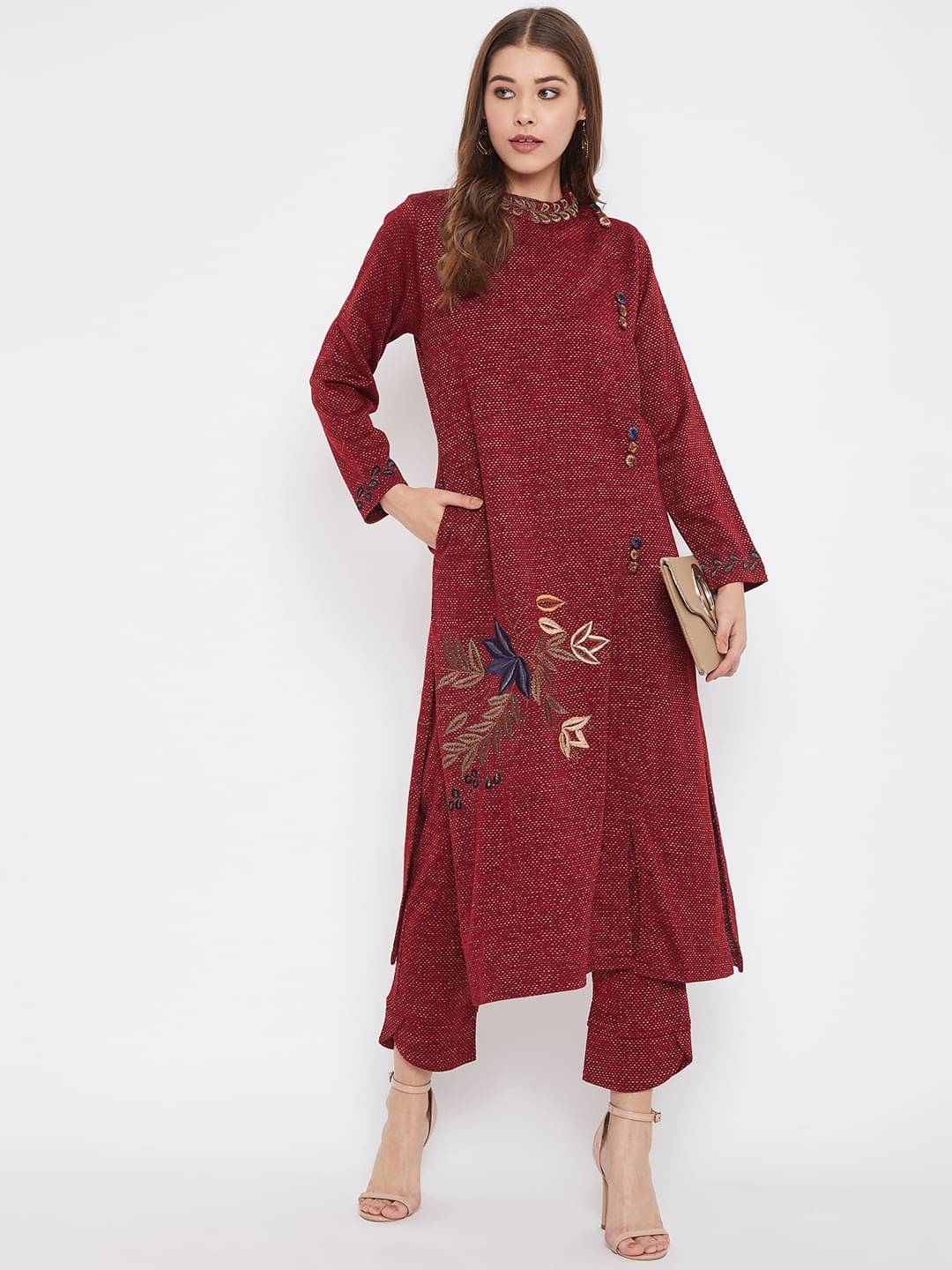 zigo Woollen Self Design Kurti With Palazzo Women's Stitched Salwar Suit - Maroon ( Pack of 1 ) zigo Woollen Self Design Kurti With Palazzo Women's Stitched Salwar Suit - Maroon ( Pack of 1 )