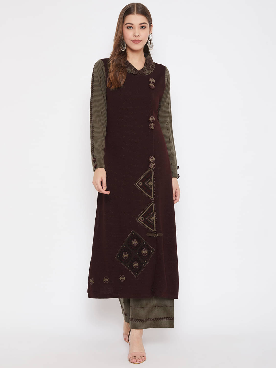     			zigo Woollen Solid Kurti With Palazzo Women's Stitched Salwar Suit - Maroon ( Pack of 1 )