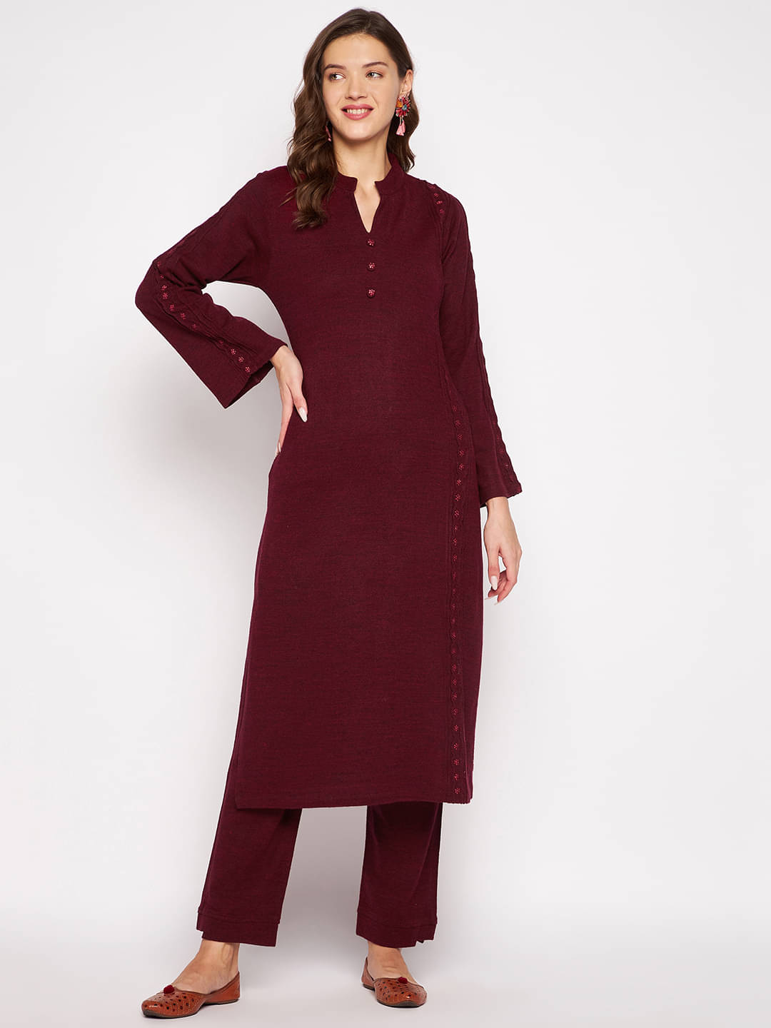 zigo Woollen Solid Kurti With Palazzo Women's Stitched Salwar Suit - Maroon ( Pack of 1 ) zigo Woollen Solid Kurti With Palazzo Women's Stitched Salwar Suit - Maroon ( Pack of 1 )