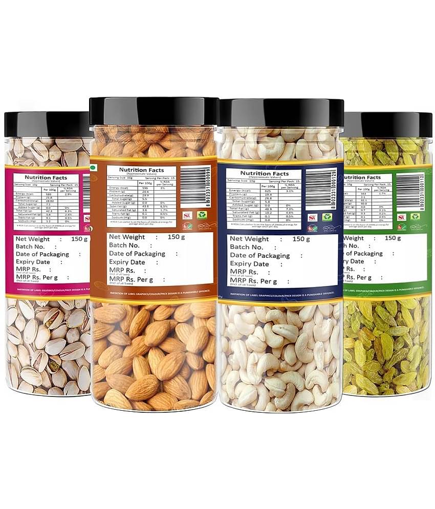 YUM YUM Premium Dry Fruits Combo Pack 600g- Almonds, Pistachios, Cashews, Raisins (4 x 150 g)