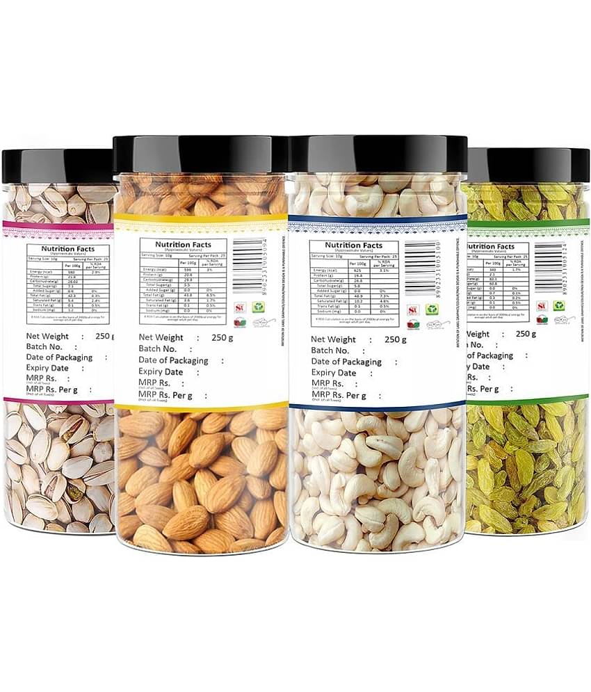 YUM YUM Premium Dry fruit Combo Pack 1Kg - Almonds, Cashews, Pistachios, Raisins (4 x 250g Each )