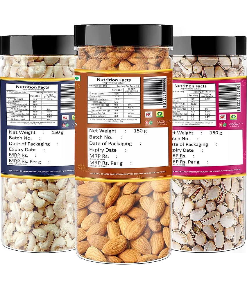 YUM YUM Premium California Almonds (150g) Pista (150g) and Cashew (150g) Dry Fruits Combo
