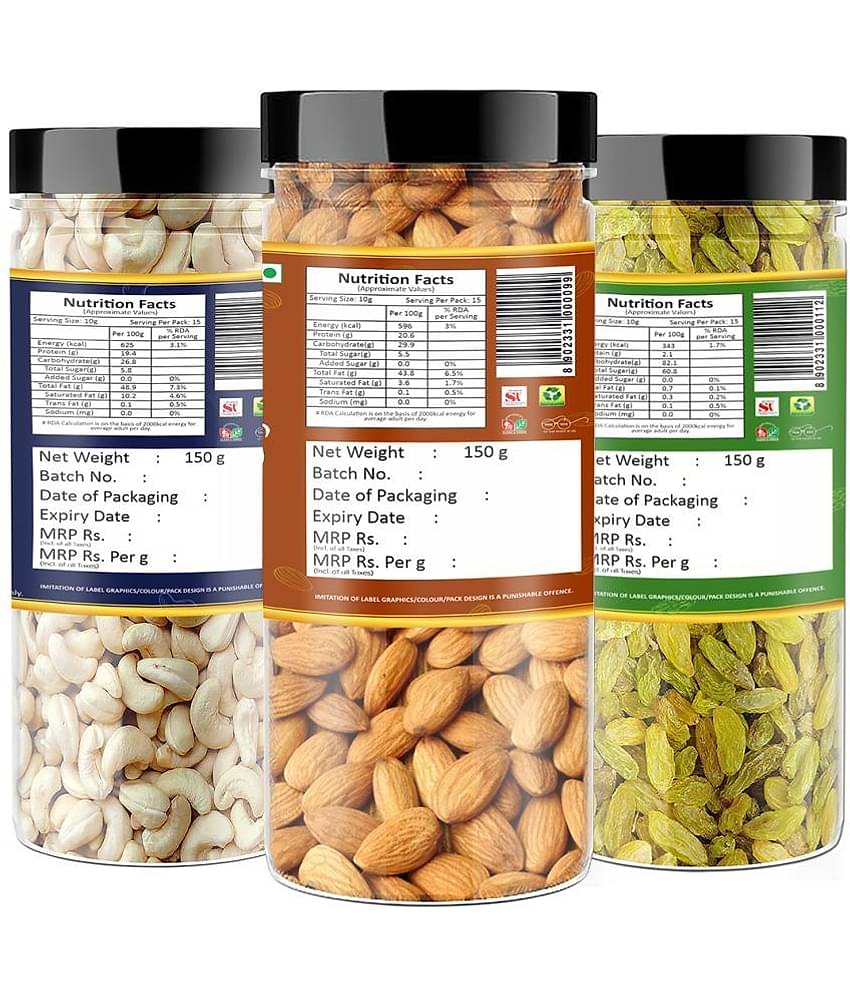 YUM YUM Premium Jumbo Almond 150g Cashew 150g & Raisins 150g (450g) Dry Fruits Combo Pack