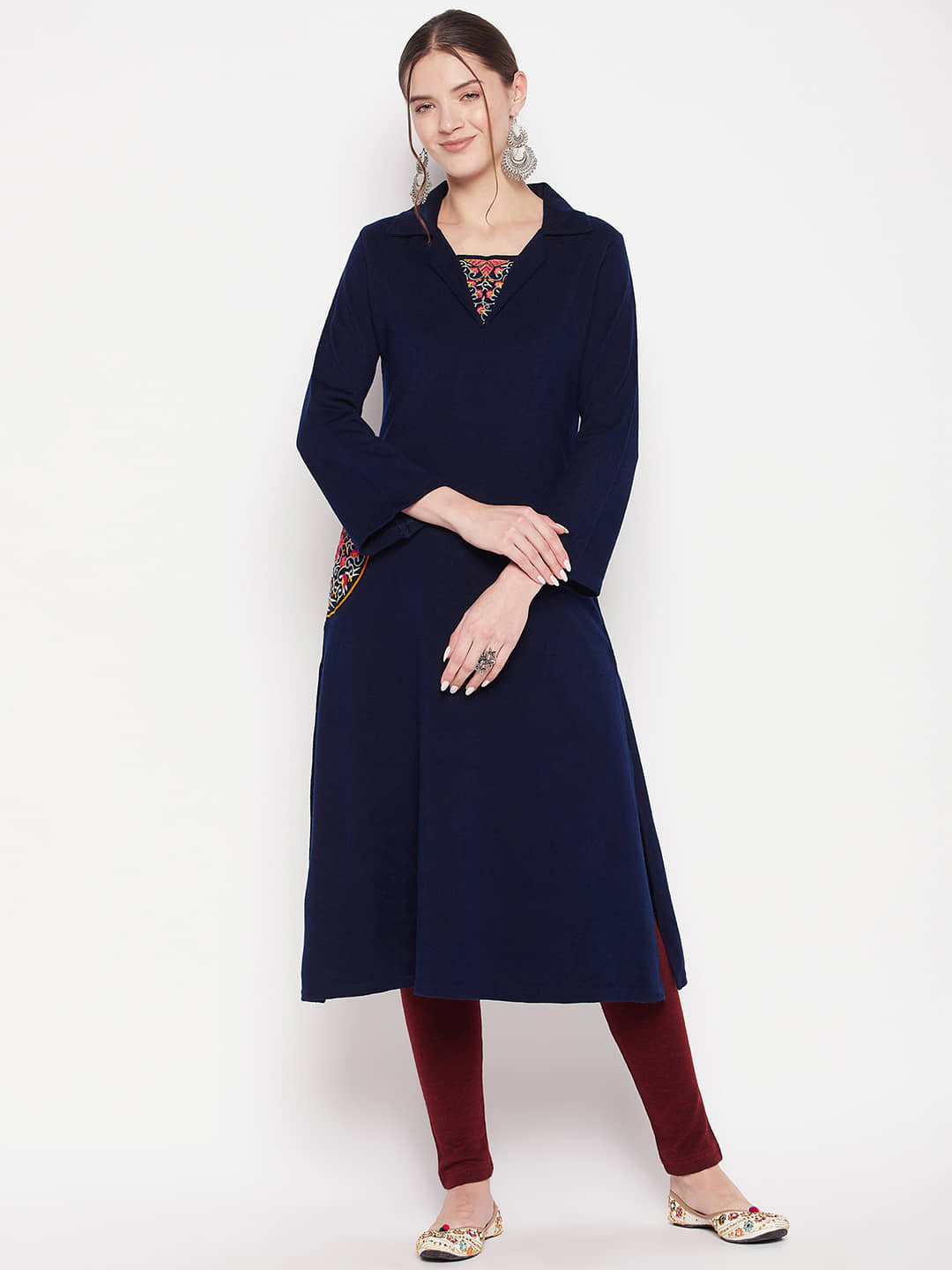 zigo Woollen Embroidered A-line Women's Kurti - Navy ( Pack of 1 ) - Kurtis, Tunics | Buy online on ZillyBuy
