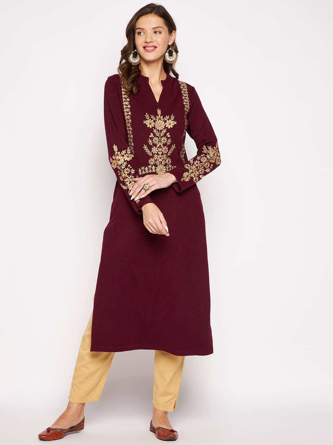 zigo Woollen Embroidered A-line Women's Kurti - Maroon ( Pack of 1 ) - Kurtis, Tunics | Buy online on ZillyBuy