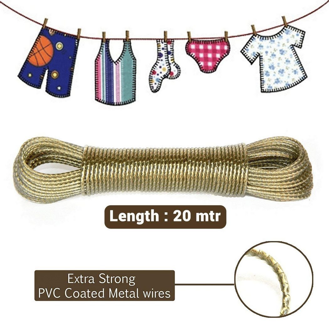     			20 Meter PVC Coated Steel Anti-Rust Wire Rope Washing Line Clothesline with 2 Plastic Hooks (Multicolour)