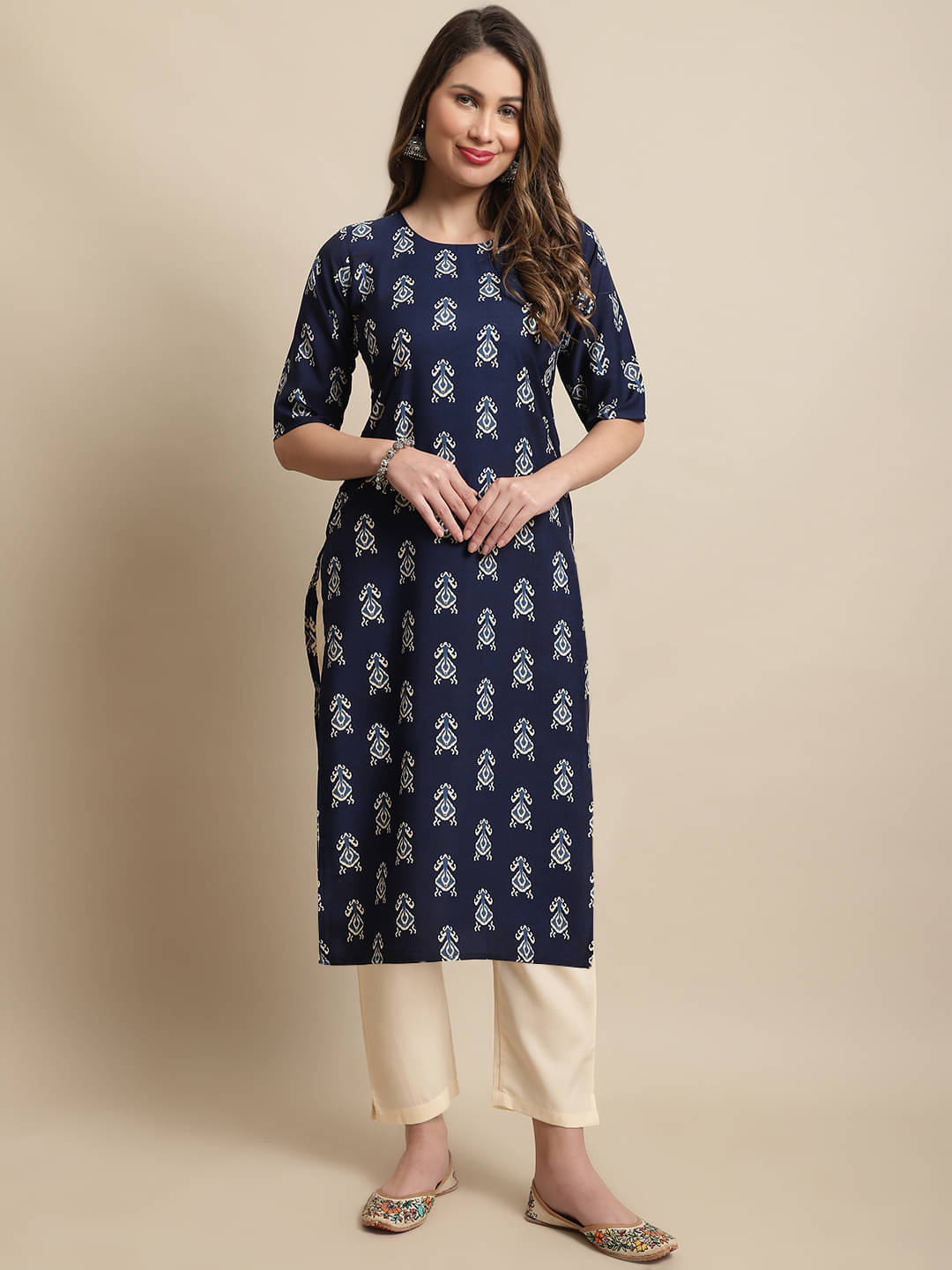 7Threads Crepe Printed Straight Women's Kurti - Navy Blue ( Pack of 1 ) 7Threads Crepe Printed Straight Women's Kurti - Navy Blue ( Pack of 1 )