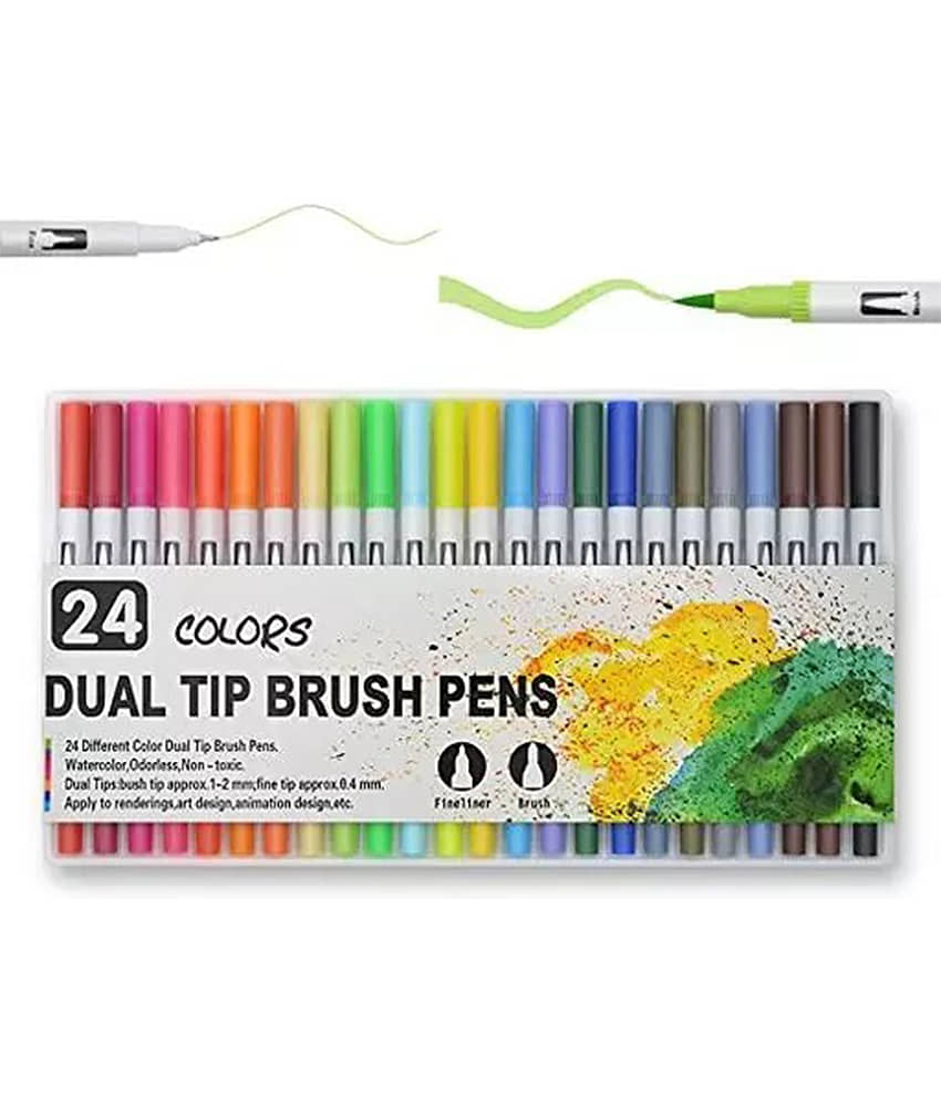 Dual Tip Fine liner Brush Marker Pens for Calligraphy Drawing Sketching, Writing (Set of-24 Multicolor) - Stationery | Buy online on ZillyBuy