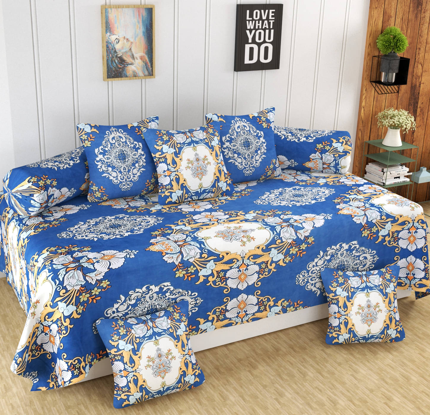    			Homefab India Microfibre Abstract Diwan Set 8 Pcs - Blue