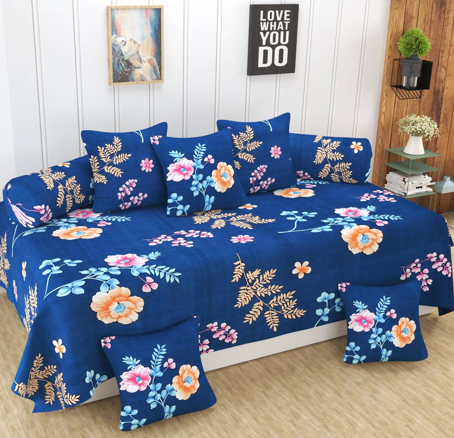 Homefab India Microfibre Floral Diwan Set 8 Pcs - Blue