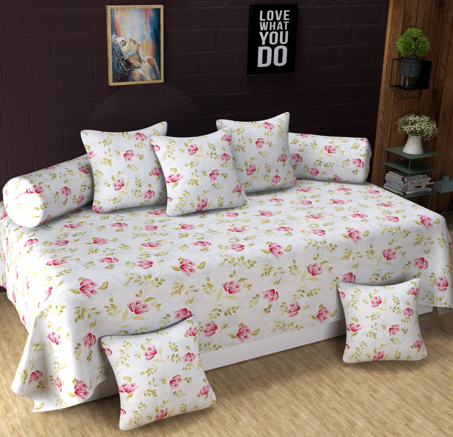 Homefab India Microfibre Floral Diwan Set 8 Pcs - Pink Homefab India Microfibre Floral Diwan Set 8 Pcs - Pink
