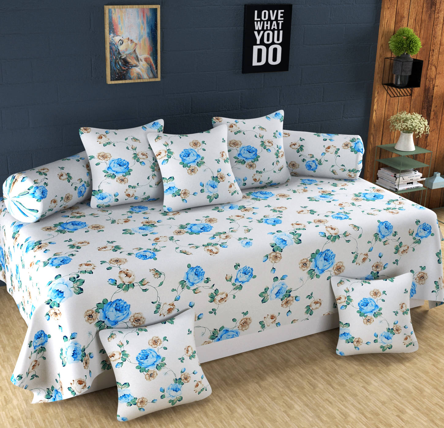     			Homefab India Microfibre Floral Diwan Set 8 Pcs - Blue