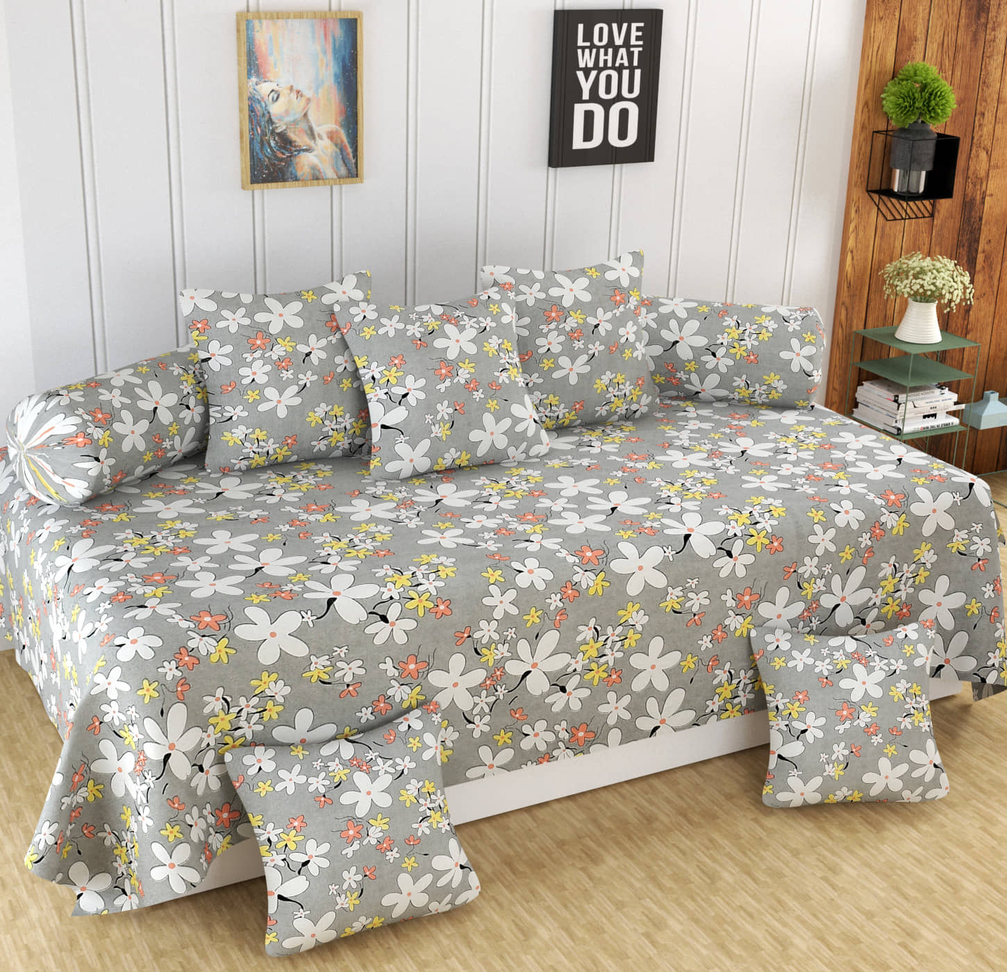 Homefab India Microfibre Floral Diwan Set 8 Pcs - Gray