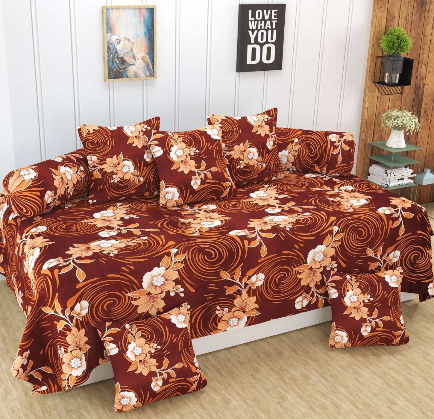     			Homefab India Microfibre Floral Diwan Set 8 Pcs - Brown