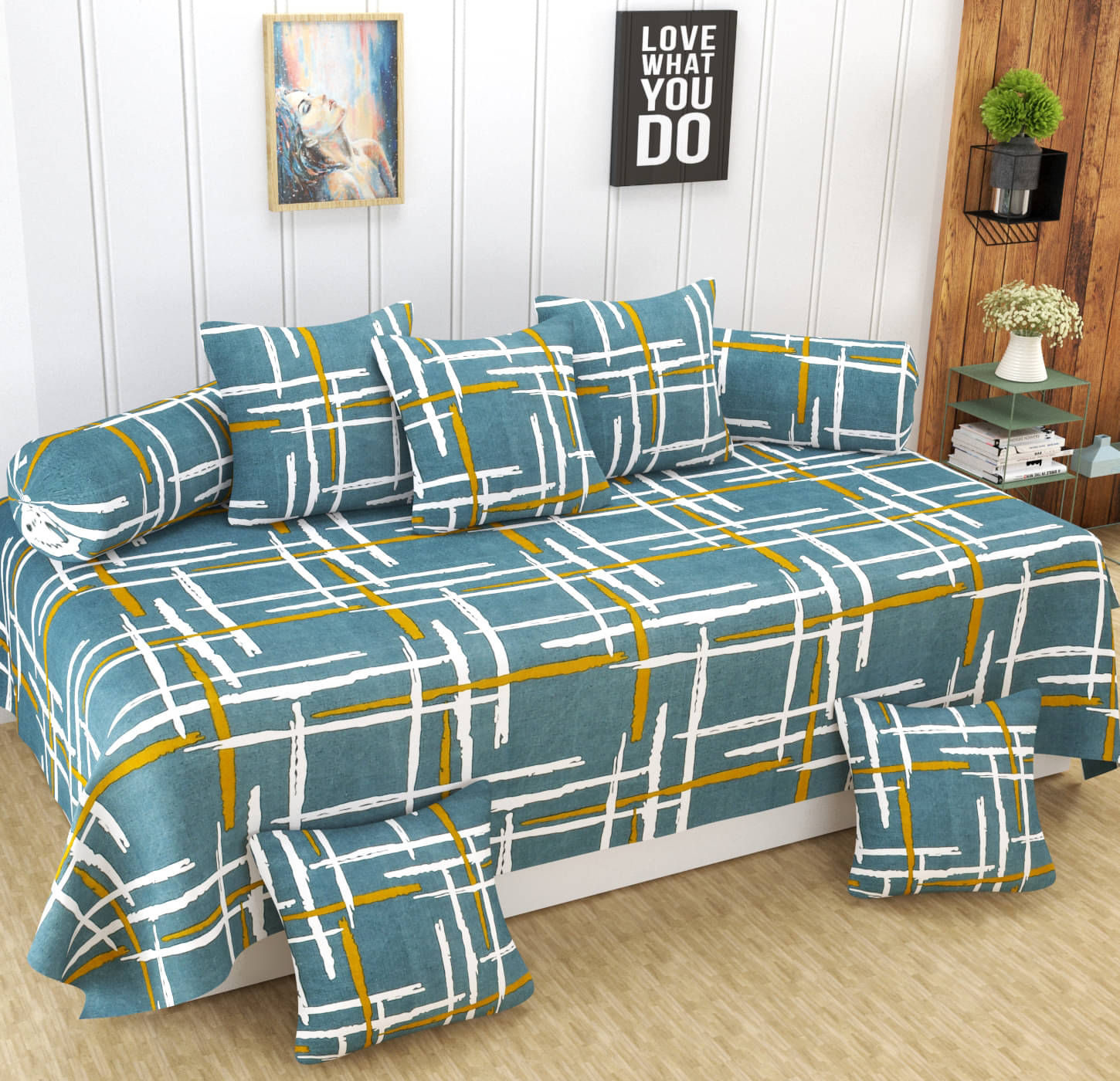     			Homefab India Microfibre Geometric Diwan Set 8 Pcs - Green