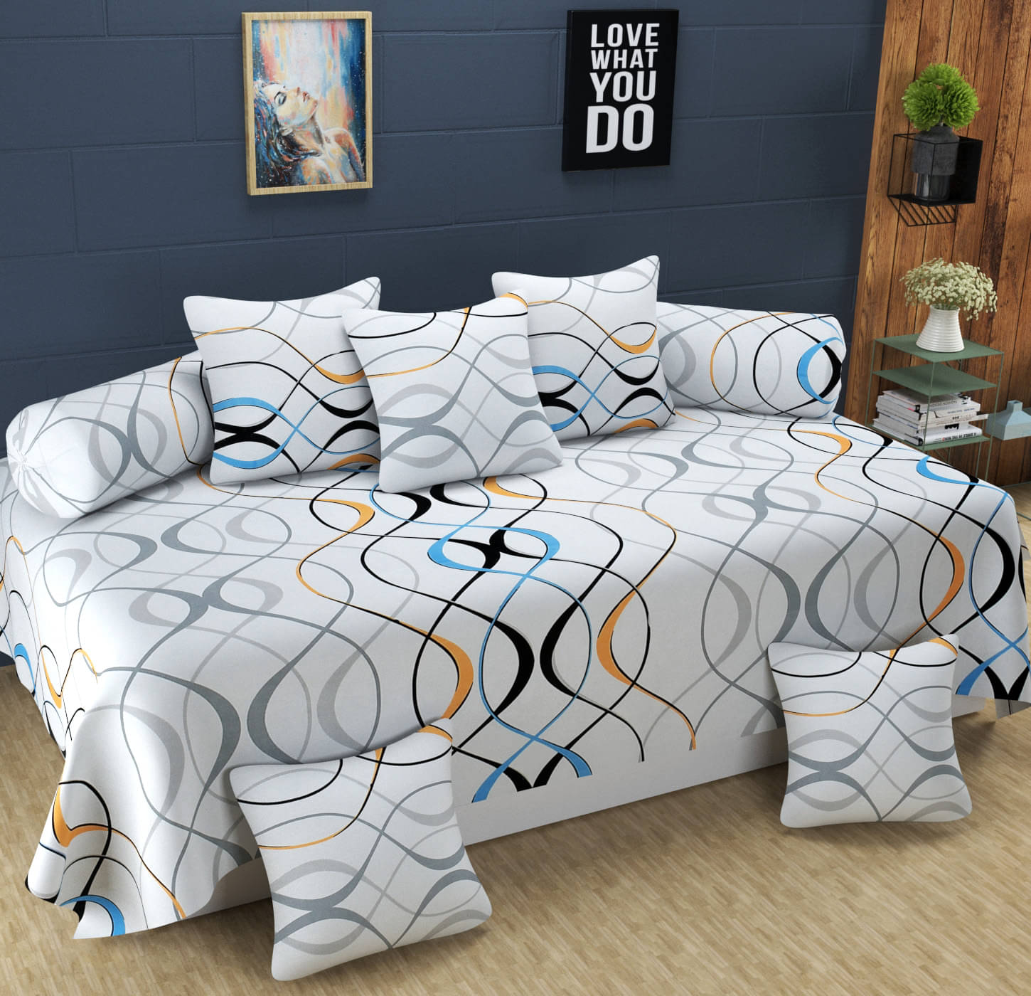 Homefab India Microfibre Geometric Diwan Set 8 Pcs - White Homefab India Microfibre Geometric Diwan Set 8 Pcs - White