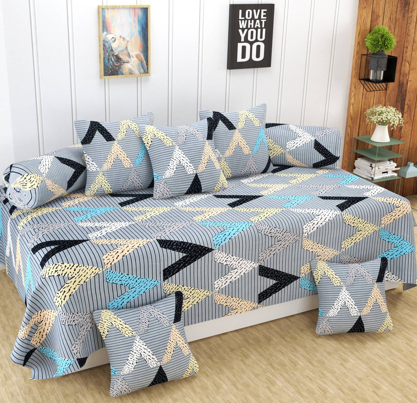     			Homefab India Microfibre Geometric Diwan Set 8 Pcs - Gray