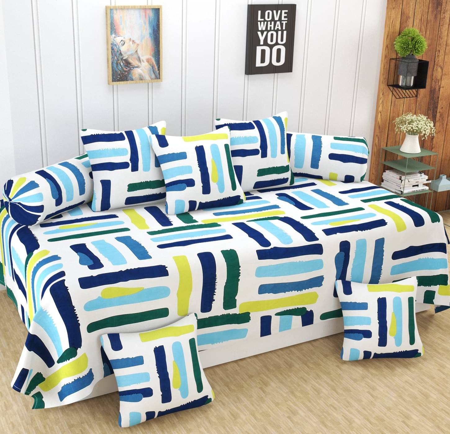 Homefab India Microfibre Geometric Diwan Set 8 Pcs - Blue Homefab India Microfibre Geometric Diwan Set 8 Pcs - Blue