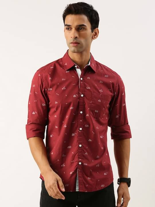 IVOC Men Maroon Slim Fit Opaque Printed Pure Cotton Casual Shirt     			IVOC Men Maroon Slim Fit Opaque Printed Pure Cotton Casual Shirt