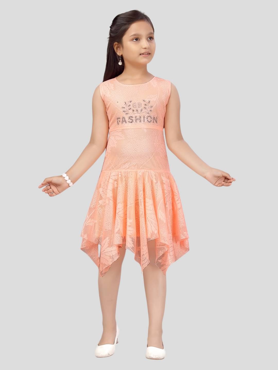 Aarika Net Asymmetric Dress For Girls ( Pack of 1 , Peach )     			Aarika Net Asymmetric Dress For Girls ( Pack of 1 , Peach )