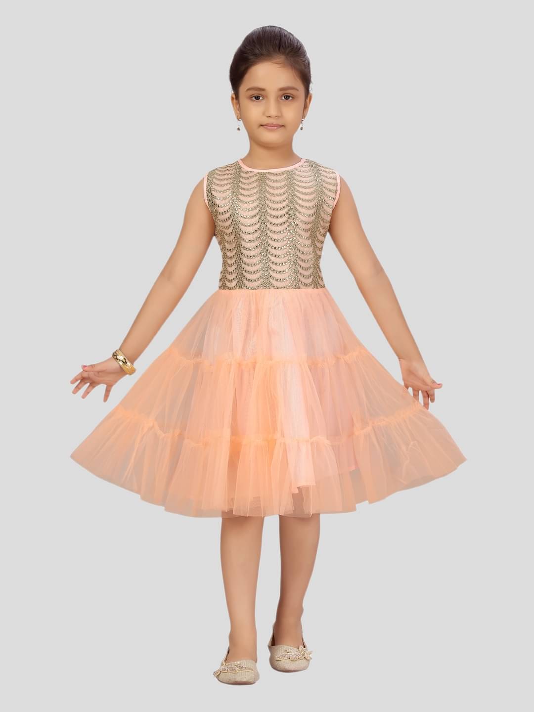 Aarika Net Fit And Flare Dress For Girls ( Pack of 1 , Peach )     			Aarika Net Fit And Flare Dress For Girls ( Pack of 1 , Peach )