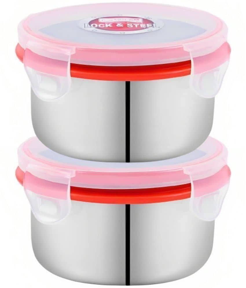 Dream Home Lunch Box Steel Red Food Container ( Set of 2 )