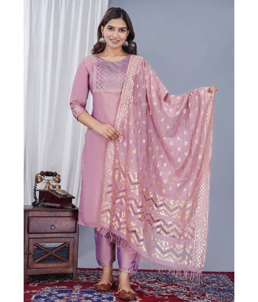    			EXPORTHOUSE Silk Embellished Kurti With Pants Women's Stitched Salwar Suit - Purple ( Pack of 1 )
