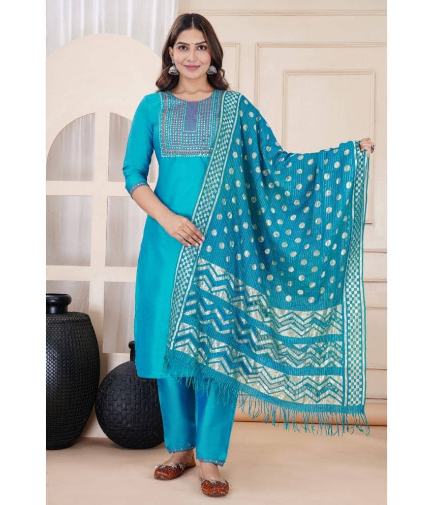     			EXPORTHOUSE Silk Embellished Kurti With Pants Women's Stitched Salwar Suit - Turquoise ( Pack of 1 )