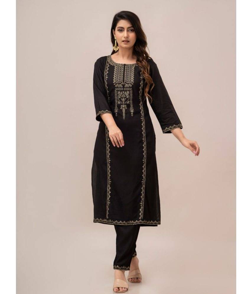     			Frionkandy Rayon Embellished Kurti With Pants Women's Stitched Salwar Suit - Black ( Pack of 1 )