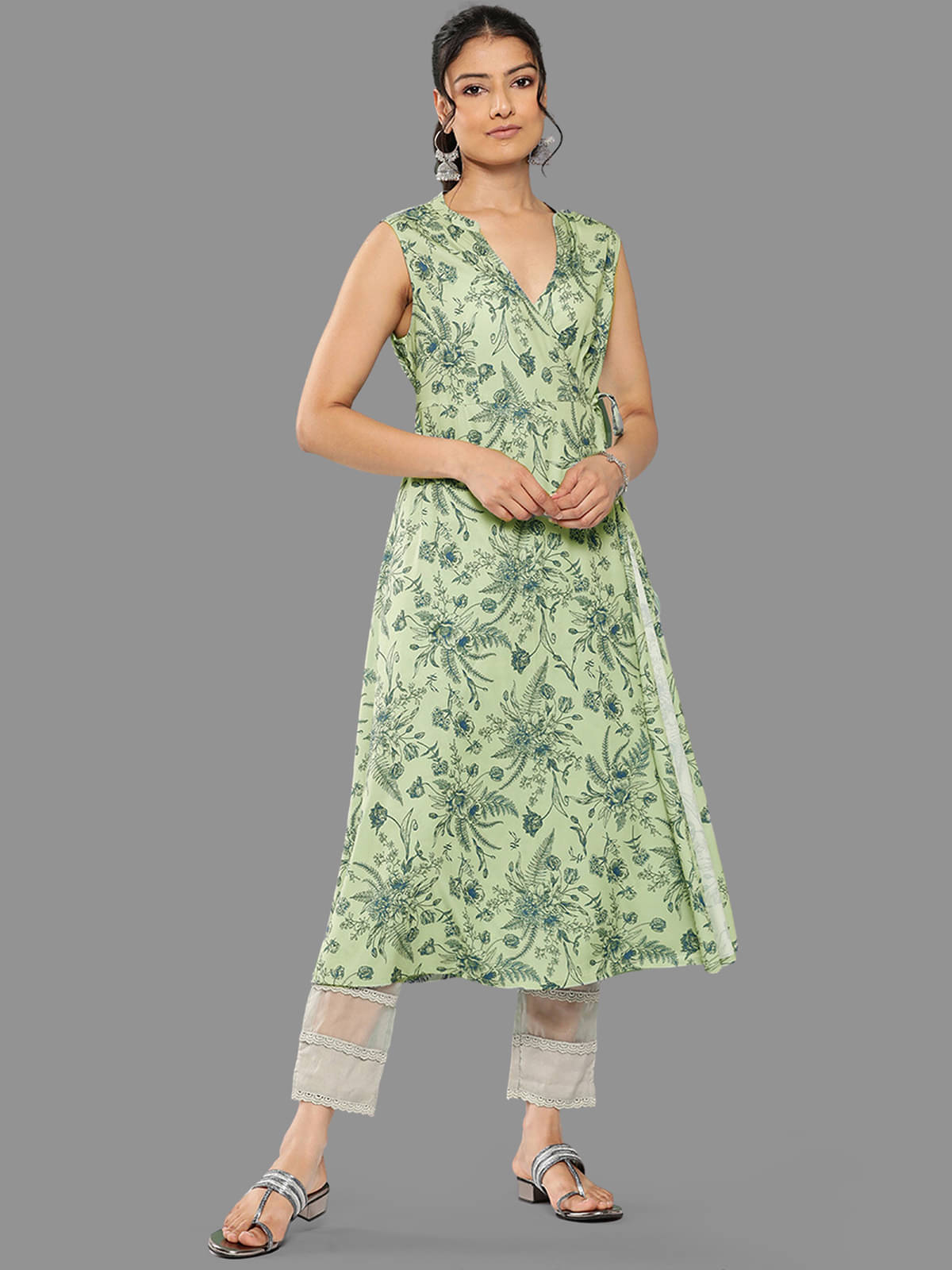 Janasya Crepe Printed Angrakha Women's Kurti - Green ( Pack of 1 ) Janasya Crepe Printed Angrakha Women's Kurti - Green ( Pack of 1 )