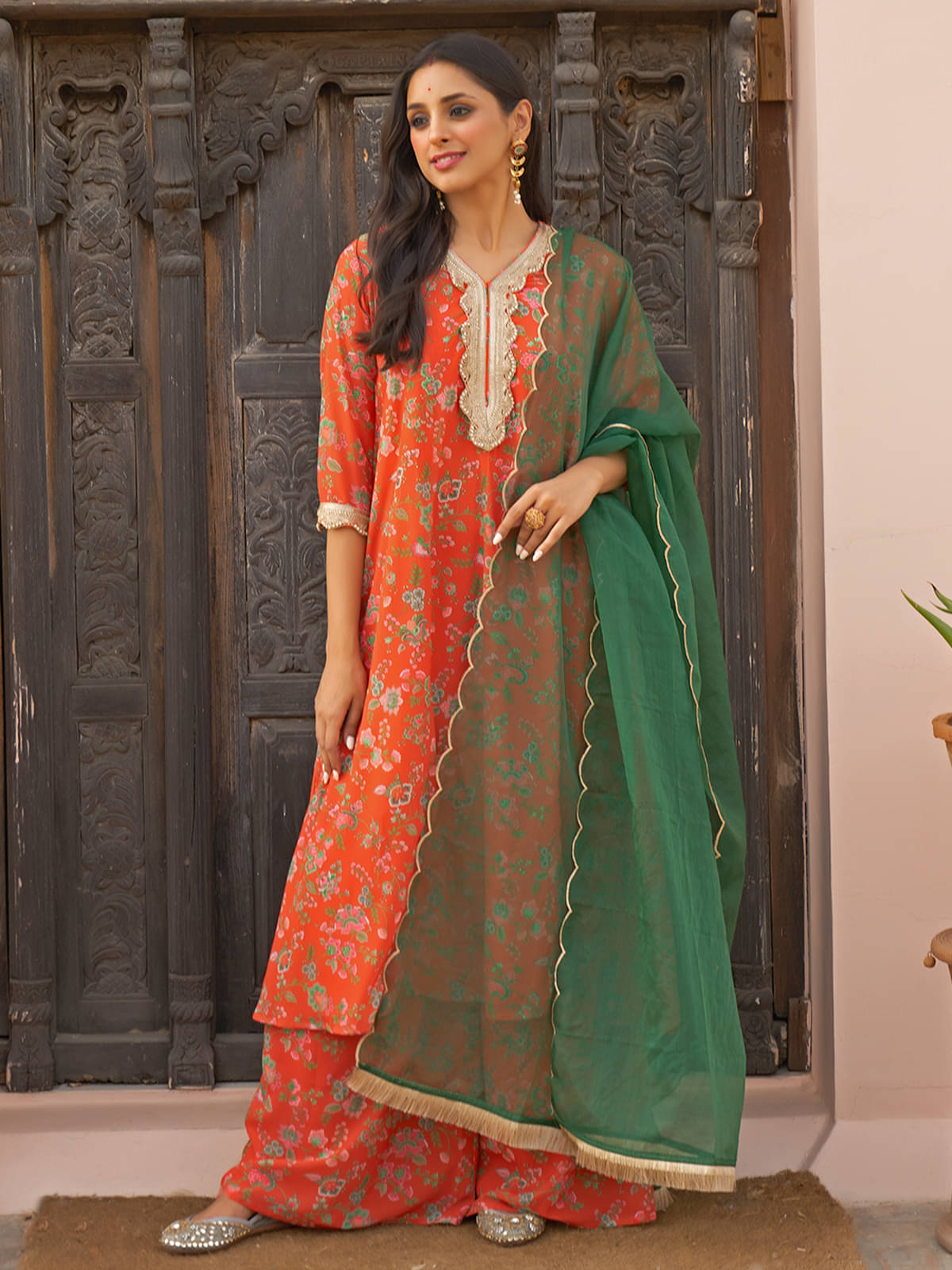 Janasya Georgette Printed Kurti With Palazzo Women's Stitched Salwar Suit - Orange ( Pack of 1 ) Janasya Georgette Printed Kurti With Palazzo Women's Stitched Salwar Suit - Orange ( Pack of 1 )