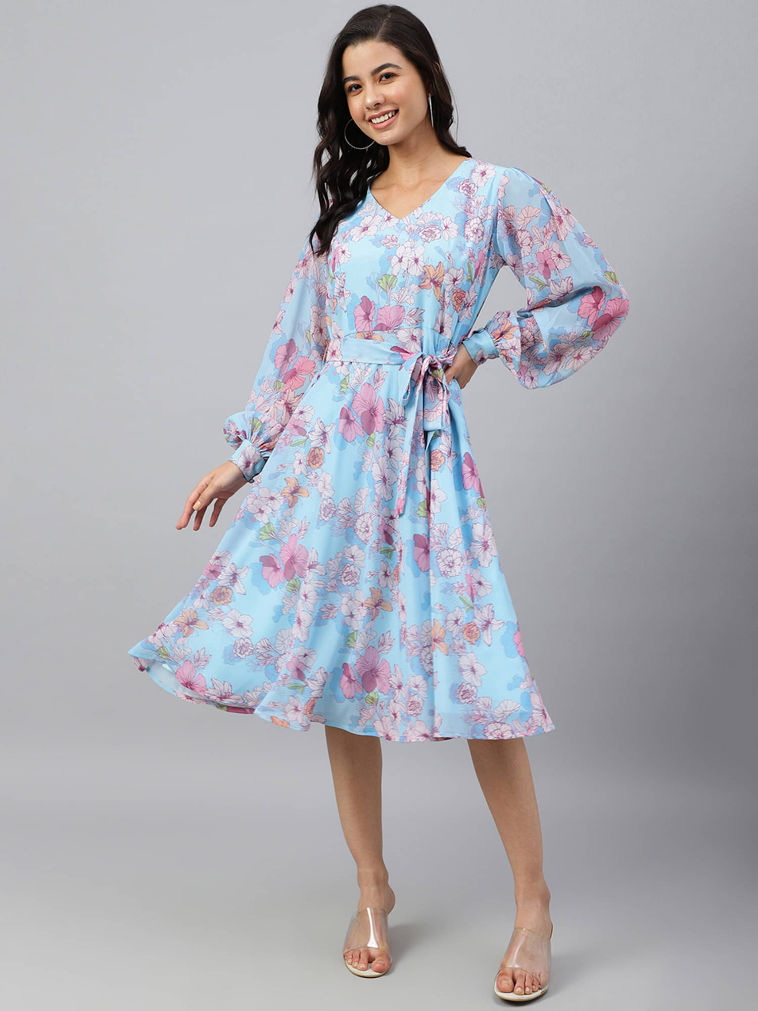 Janasya Women Georgette Printed Fit & Flare Dress ( Blue ) Janasya Women Georgette Printed Fit & Flare Dress ( Blue )