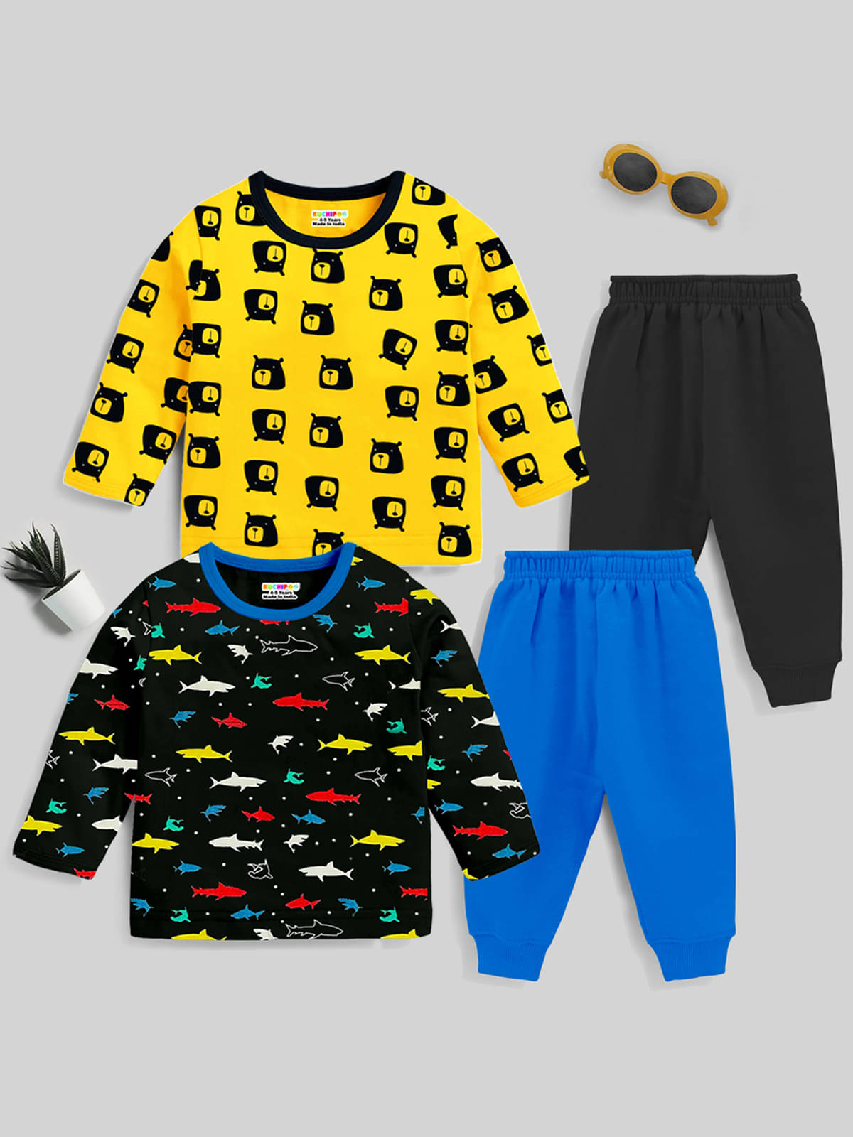     			Kuchipoo Multi Cotton Blend Baby Boy Sweatshirt & Jogger Set ( Pack of 2 )