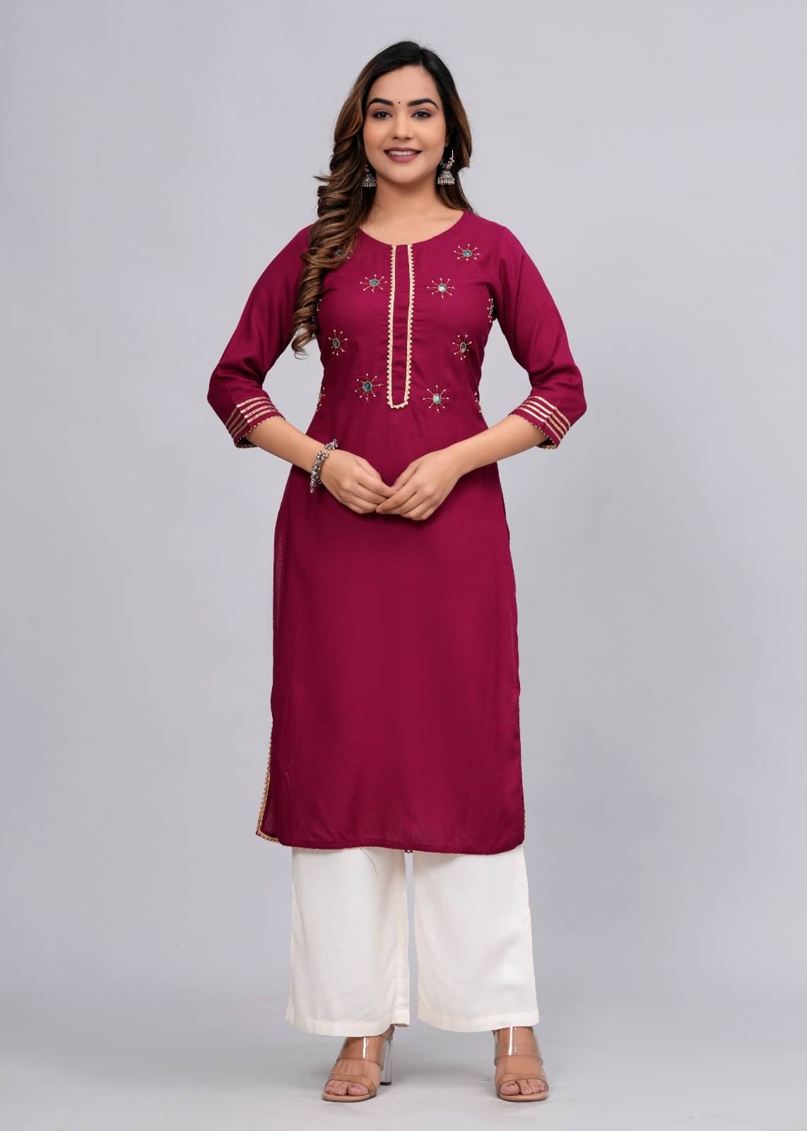 MAUKA Rayon Embellished Kurti With Palazzo Women's Stitched Salwar Suit - Maroon ( Pack of 1 ) MAUKA Rayon Embellished Kurti With Palazzo Women's Stitched Salwar Suit - Maroon ( Pack of 1 )