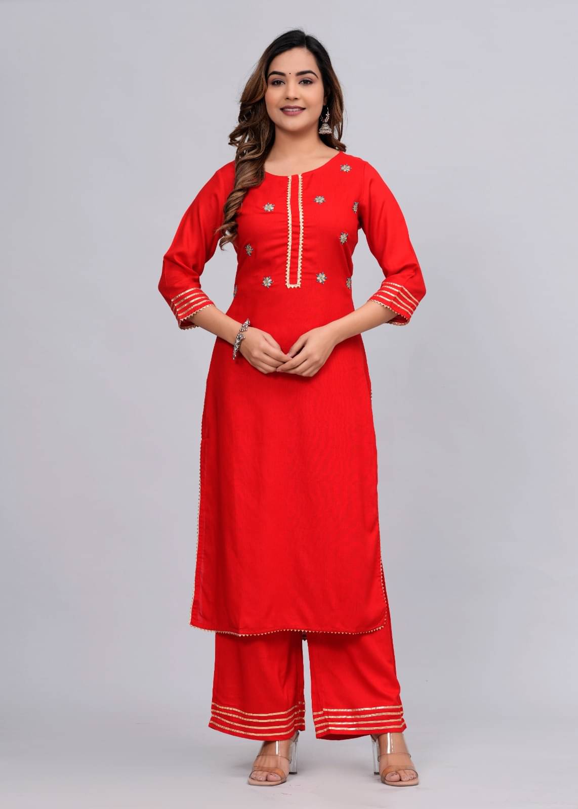     			MAUKA Rayon Embellished Kurti With Palazzo Women's Stitched Salwar Suit - Red ( Pack of 1 )