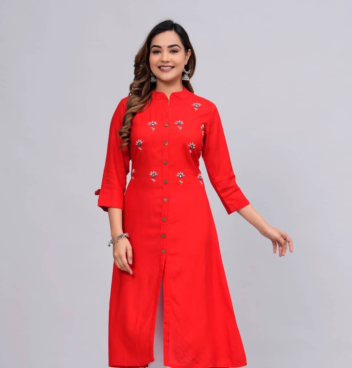 MAUKA Rayon Embroidered Front Slit Women's Kurti - Red ( Pack of 1 ) - Kurtis, Tunics | Buy online on ZillyBuy