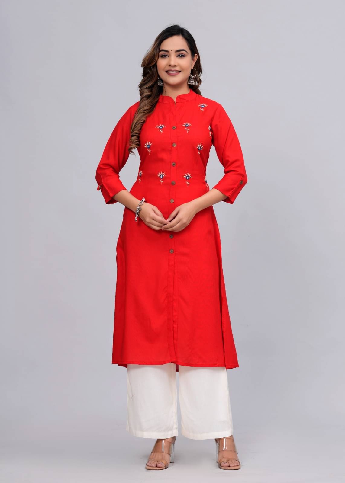 MAUKA Rayon Embroidered Kurti With Palazzo Women's Stitched Salwar Suit - Red ( Pack of 1 )     			MAUKA Rayon Embroidered Kurti With Palazzo Women's Stitched Salwar Suit - Red ( Pack of 1 )