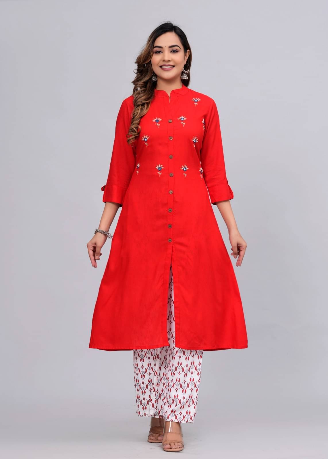 MAUKA Rayon Embroidered Kurti With Palazzo Women's Stitched Salwar Suit - Red ( Pack of 1 ) MAUKA Rayon Embroidered Kurti With Palazzo Women's Stitched Salwar Suit - Red ( Pack of 1 )