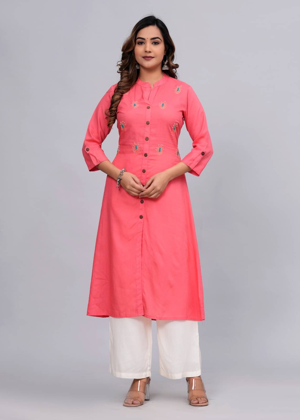     			MAUKA Rayon Embroidered Kurti With Palazzo Women's Stitched Salwar Suit - Pink ( Pack of 1 )
