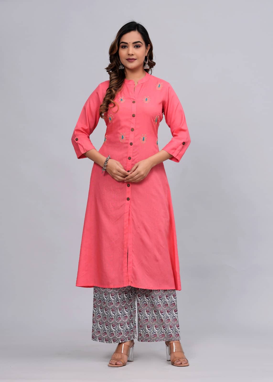 MAUKA Rayon Solid Kurti With Palazzo Women's Stitched Salwar Suit - Pink ( Pack of 1 )