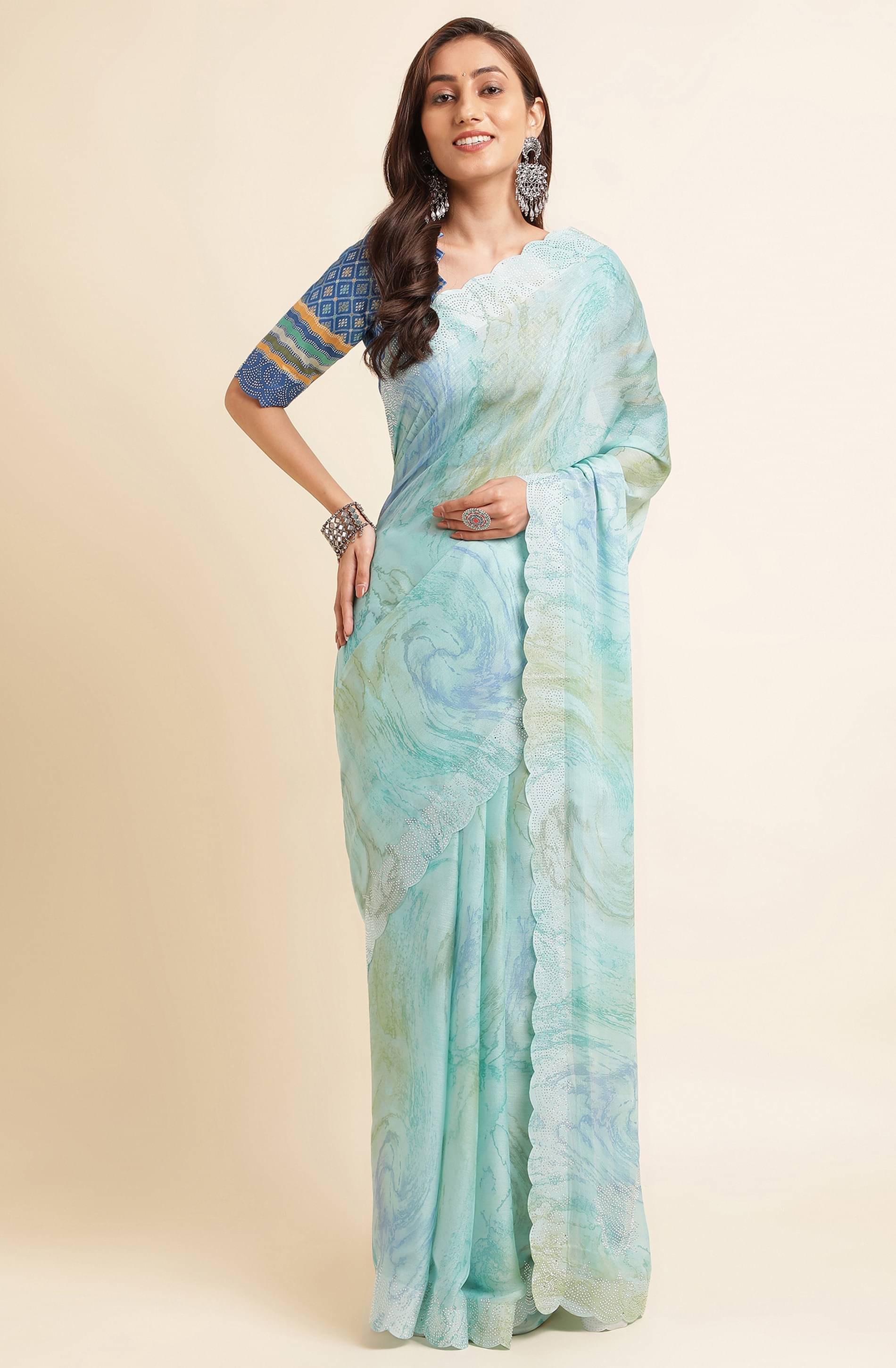 Rekha Maniyar Chiffon Dyed Saree With Unstitched Blouse Piece ( Turquoise )     			Rekha Maniyar Chiffon Dyed Saree With Unstitched Blouse Piece ( Turquoise )