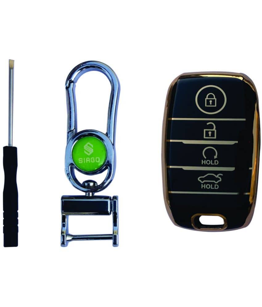 SIAGO Soft TPU Car Key Cover Compatible for Kia Seltos | Sonet | Carens 4 Button Smart Key with Key Chain