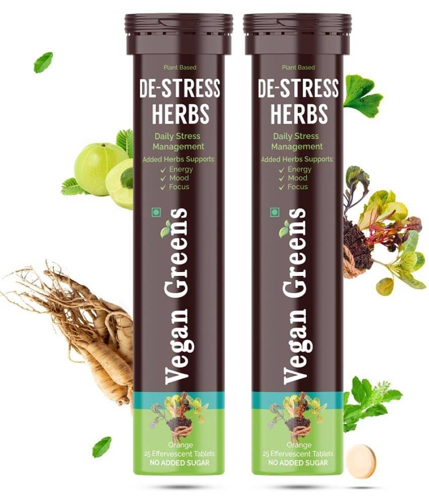 Vegan Greens Plant Based DE-STRESS Herbs. Stress,Energy,Mood 50 Effervescent Orange 50 no.s Orange Minerals Tablets     			Vegan Greens Plant Based DE-STRESS Herbs. Stress,Energy,Mood 50 Effervescent Orange 50 no.s Orange Minerals Tablets