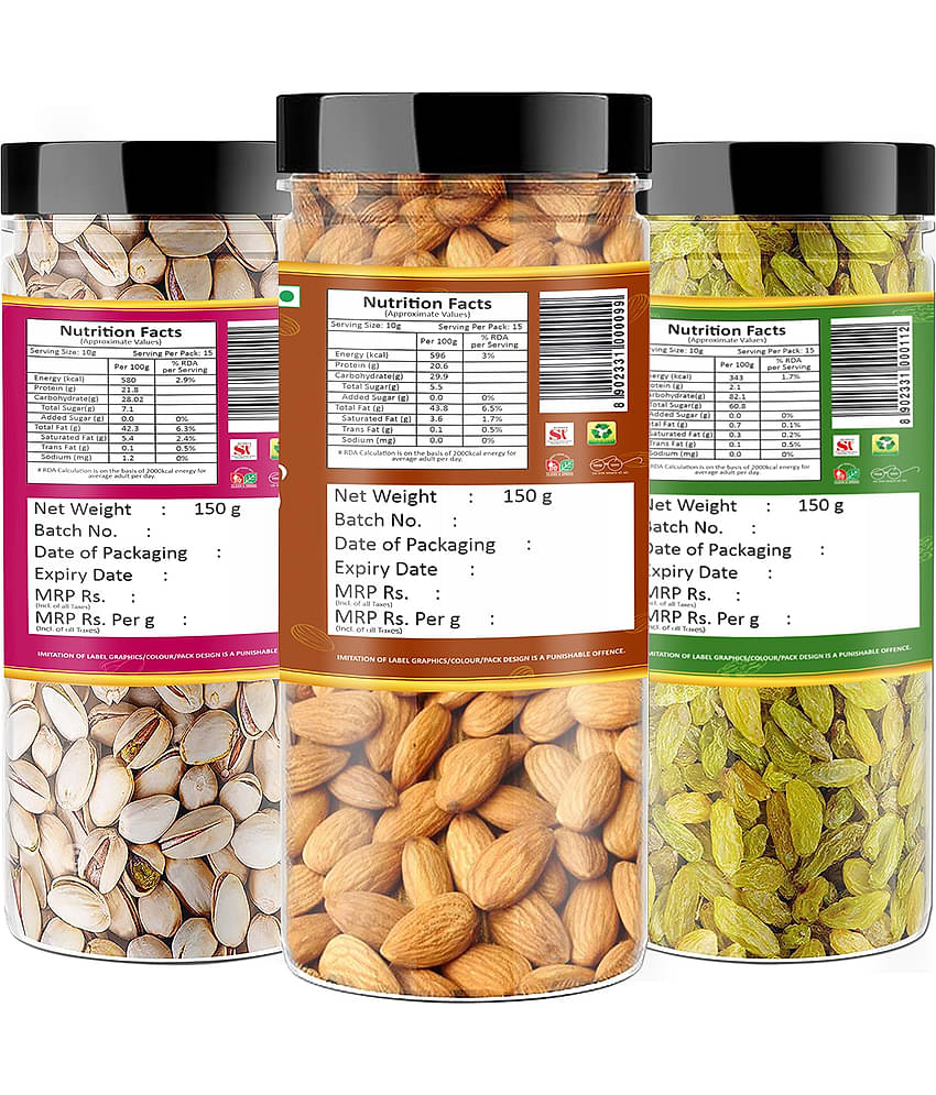 YUM YUM Premium Jumbo Almond (150g) Pista (150g) and Raisins (150g) Dry Fruits Combo- 450g