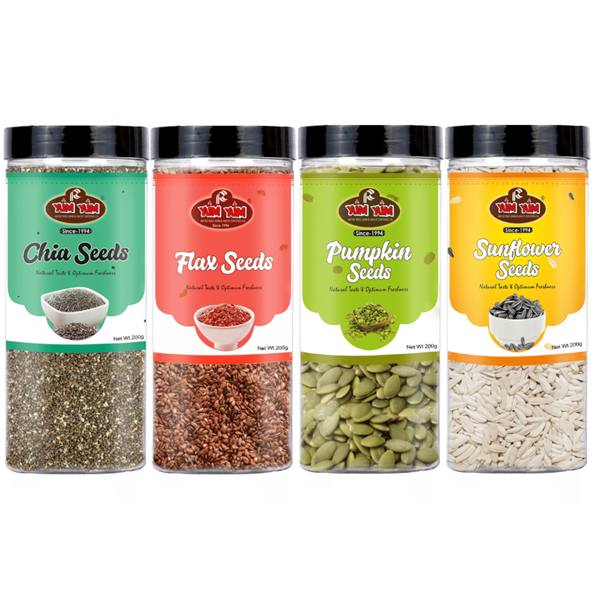 YUM YUM Healthy Roasted Seeds Combo -Chia , Sunflower , Pumpkin , Flax Seeds (Pack of 4X200G) 800g     			YUM YUM Healthy Roasted Seeds Combo -Chia , Sunflower , Pumpkin , Flax Seeds (Pack of 4X200G) 800g