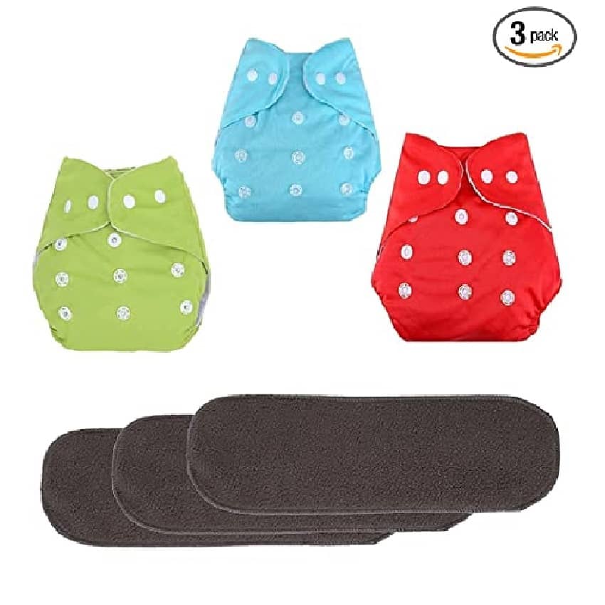 AURAPURO Baby Washable Cloth Diaper Nappies with Wet-Free Inserts, Washable Reusable Pocket Cloth Diapers for New Born Baby 0-24 month for Babies/Toddlers (3 Diaper + 3 Insert)