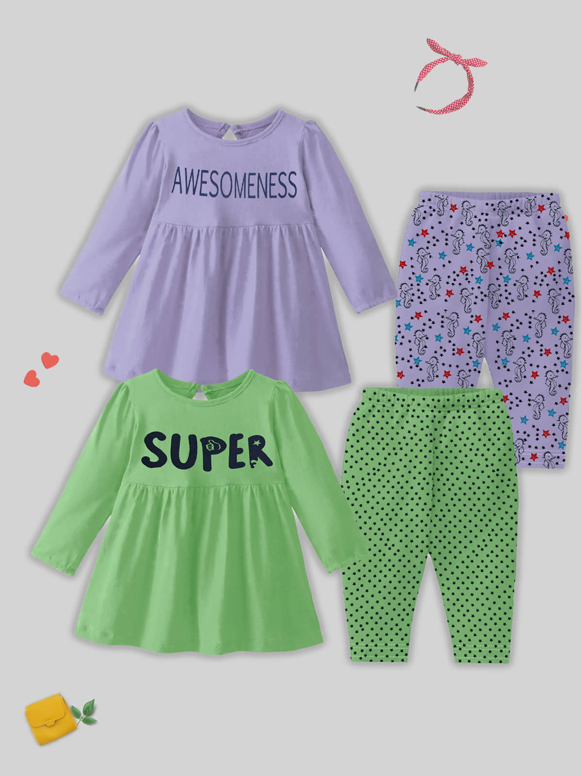 Kuchipoo Multicolor Cotton Blend Baby Girl Top & Trouser ( Pack of 2 )