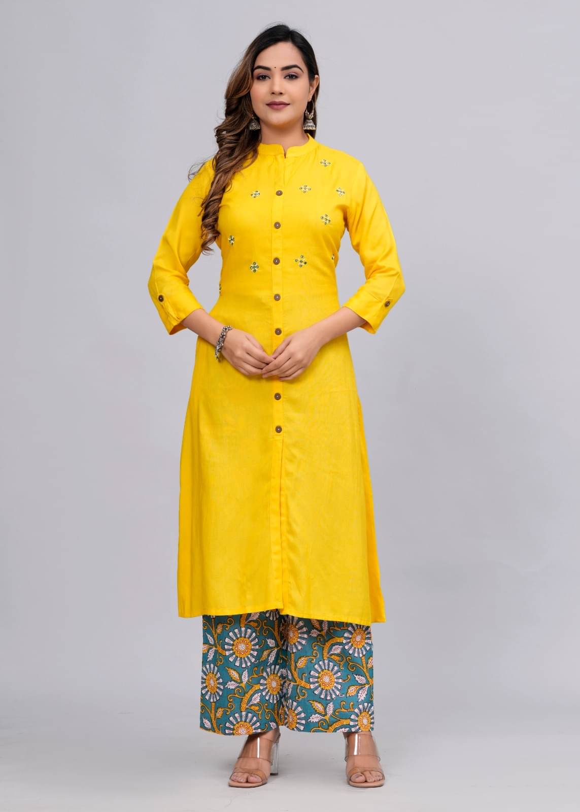 MAUKA Rayon Embroidered Kurti With Palazzo Women's Stitched Salwar Suit - Yellow ( Pack of 1 )     			MAUKA Rayon Embroidered Kurti With Palazzo Women's Stitched Salwar Suit - Yellow ( Pack of 1 )