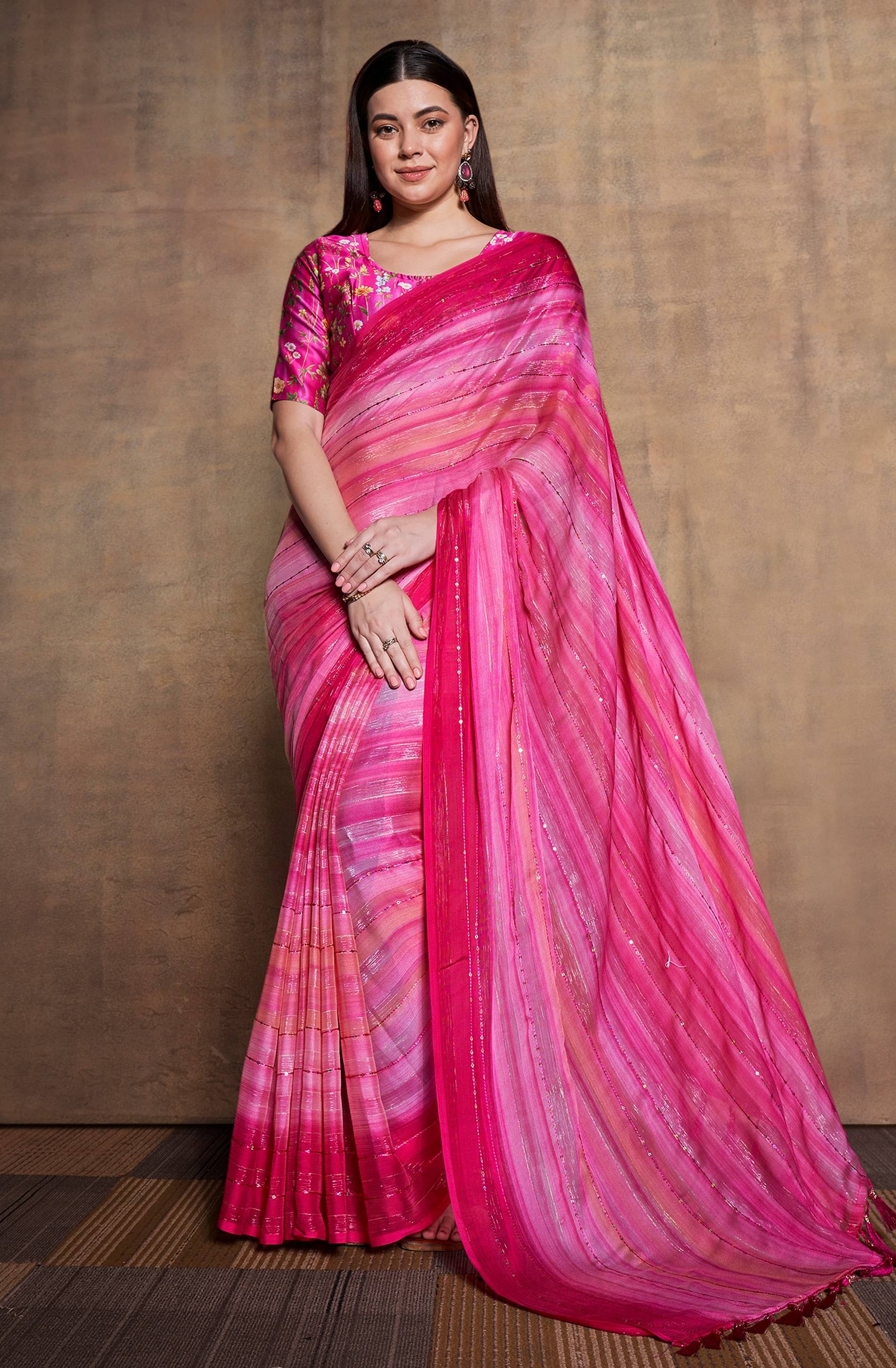 Rekha Maniyar Chiffon Embellished Saree With Unstitched Blouse Piece ( Pink ) Rekha Maniyar Chiffon Embellished Saree With Unstitched Blouse Piece ( Pink )